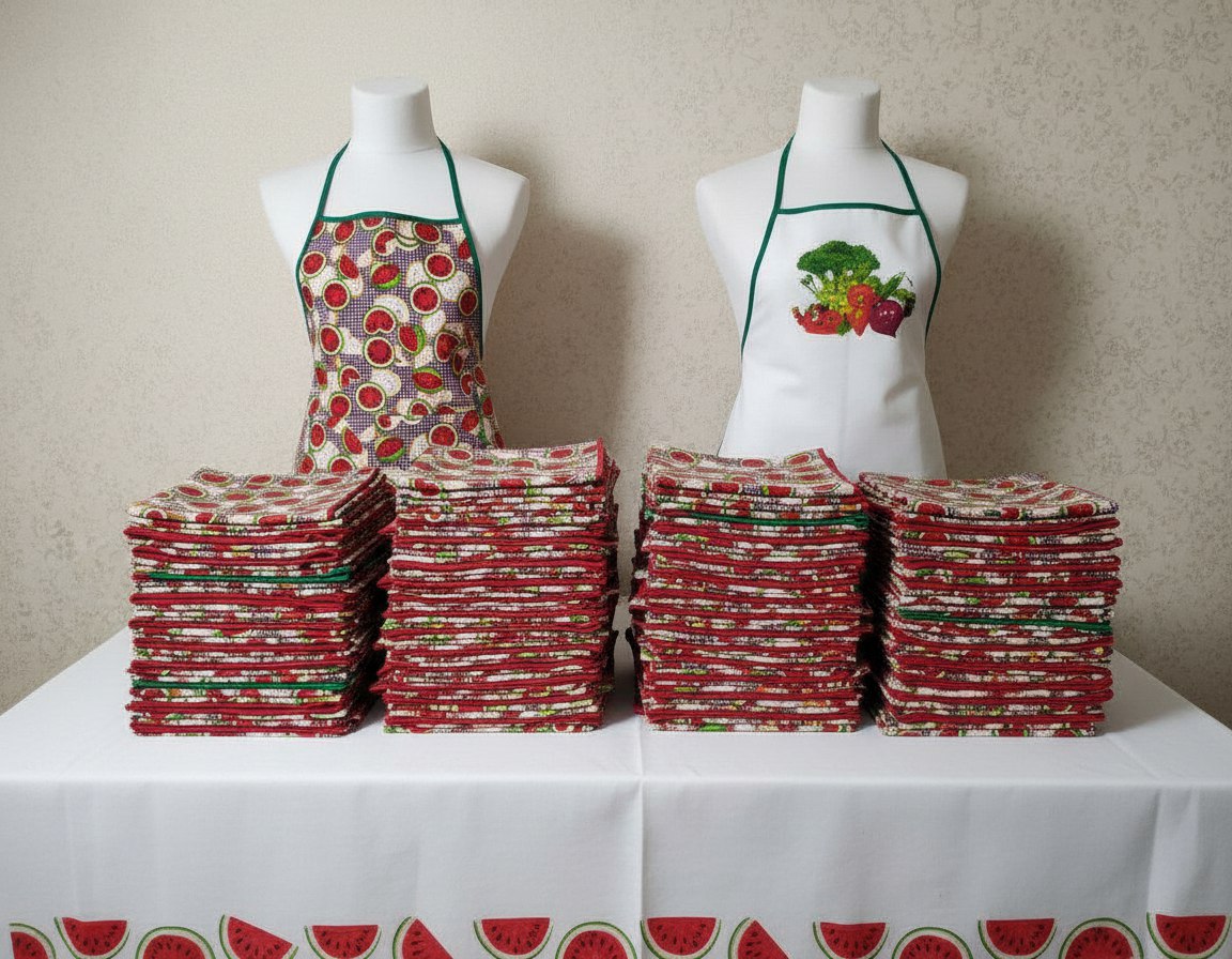 پیشبند هندوانه ای جنس پارچه نسوز  یا زنبوری، نوار دور رنگ سبز و قرمز. بلندی قد۷۰ سانتی متر،پیشبند کرم رنگ جنس پارچه متقال بلندی ۷۰ سانتی متر  طرح بر چسب حرارتی