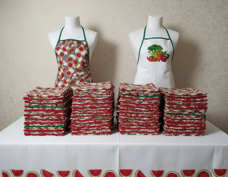 پیشبند هندوانه ای جنس پارچه نسوز یا زنبوری، نوار دور رنگ سبز و قرمز. بلندی قد۷۰ سانتی متر،پیشبند کرم رنگ جنس پارچه متقال بلندی ۷۰ سانتی متر طرح بر چسب حرارتی